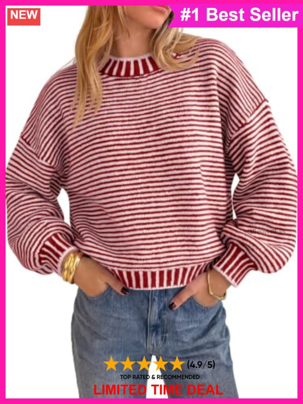 Striped Color Block Pullover Sweater Crew Neck Drop Shoulder